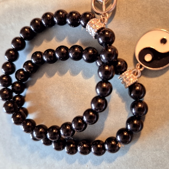 Black Beaded Yin Yang Bracelet Set - Picture 2 of 2